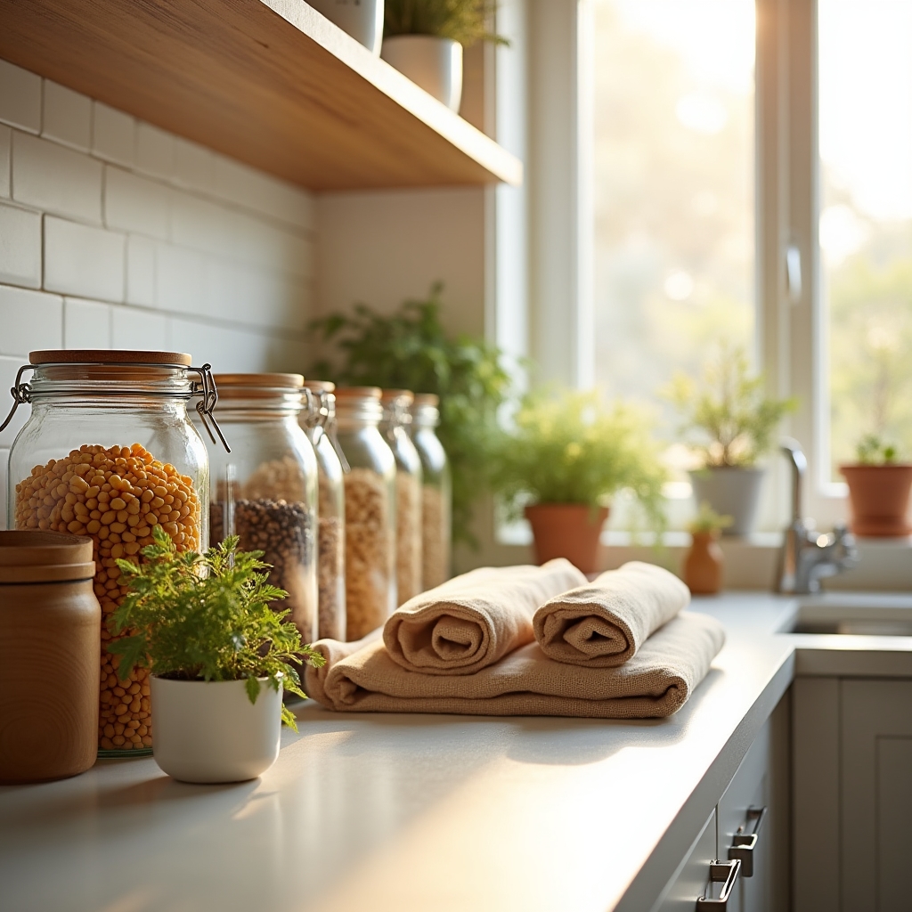 Cucina organizzata con contenitori riutilizzabili e riduzione degli sprechi alimentari